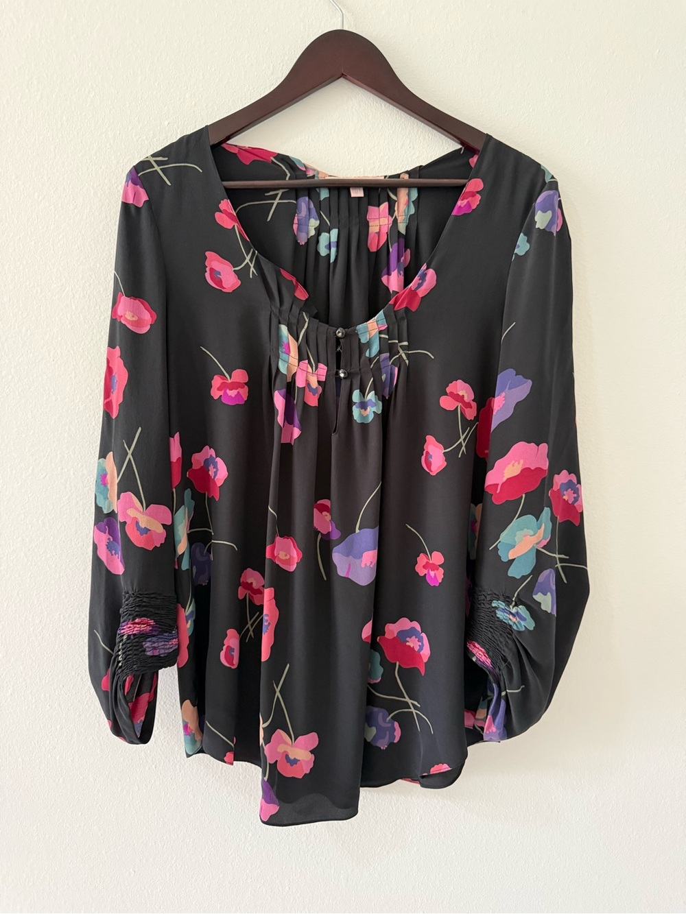 Rebecca Taylor 100% Silk Black Floral Long Sleeve Button Smocked Blouse 8 Boho